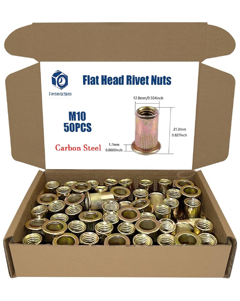 ELEFOCUS 50PCS M10 x 1.5 Rivet Nuts, Made of Carbon Steel with a zinc-Plated Finish, Featuring a Flat Head and Threaded Insert Knurled Nutsert Kit - Image 1